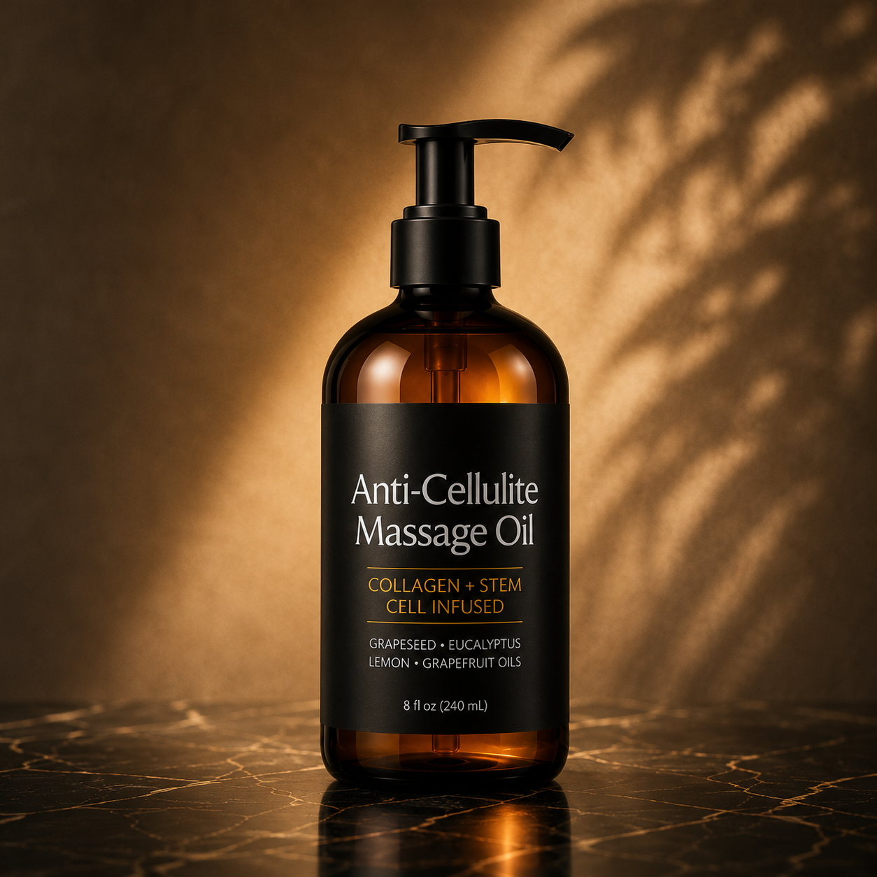 Trendiverse Anti-Cellulite Massage Oil in a premium bathroom setting