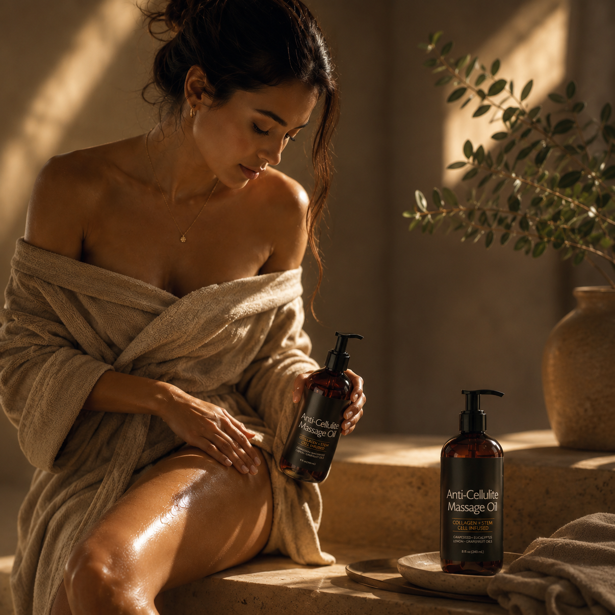 Woman applying Trendiverse body massage oil