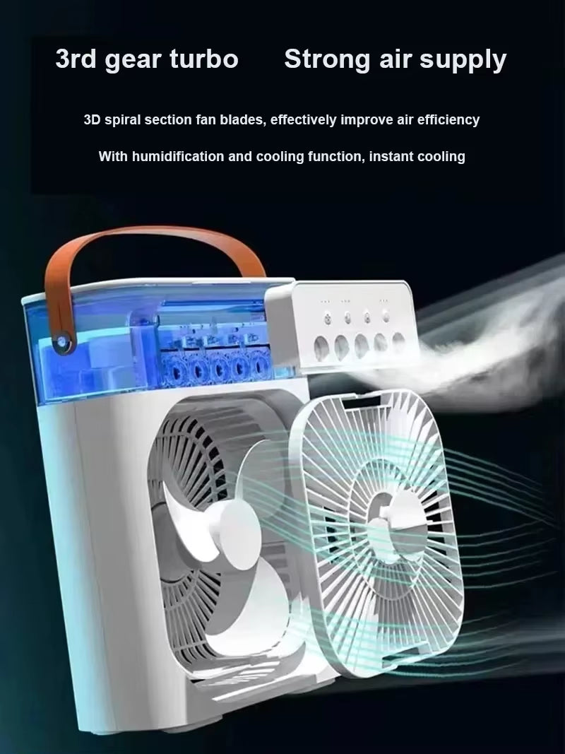 Portable Humidifier Fan Three in One, Mini USB Air Conditioning Fan, LED Night Light, Water Mist, Home Fun Air Cooler Humidifier