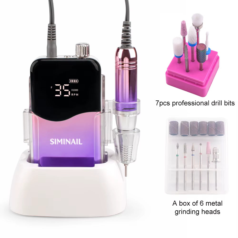 Professional Nail Drill Machine 35000RPM Portable Electric Nail File Rechargeable Manicure Machine Set Efile Bit Kit