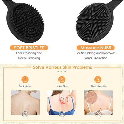 Silicone Back Scrubber for Shower, Bath Body Brush with Long Handle,Double Sided Shower Brush for Shower Exfoliating and Massage