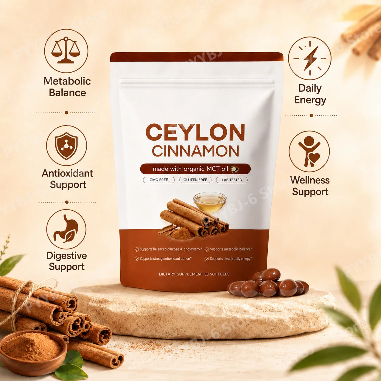 Ceylon Cinnamon Softgels with Organic MCT Oil, Supports Antioxidant Action and Digestive Wellness for Daily Energy - 30 Softgels