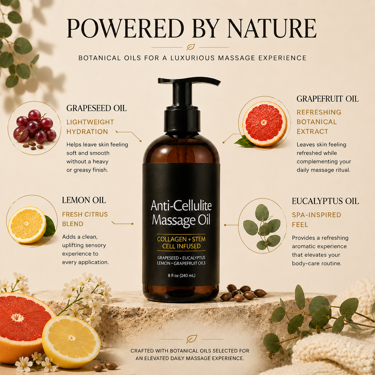 Trendiverse massage oil ingredient infographic