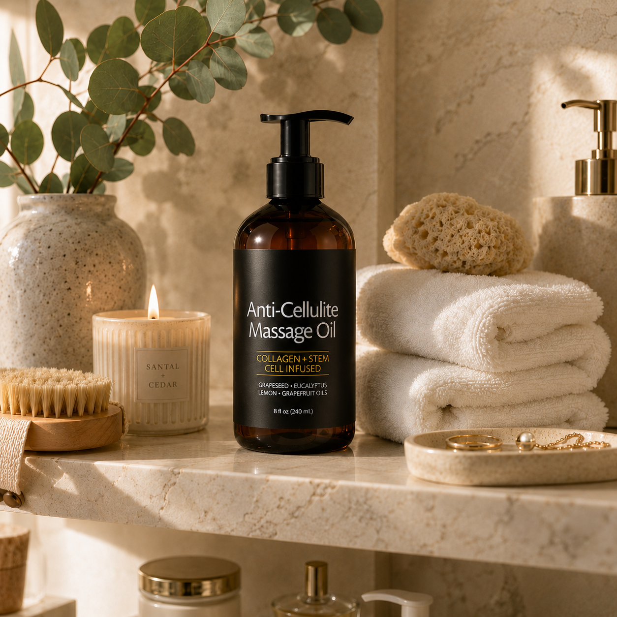 Trendiverse massage oil on a bathroom shelf