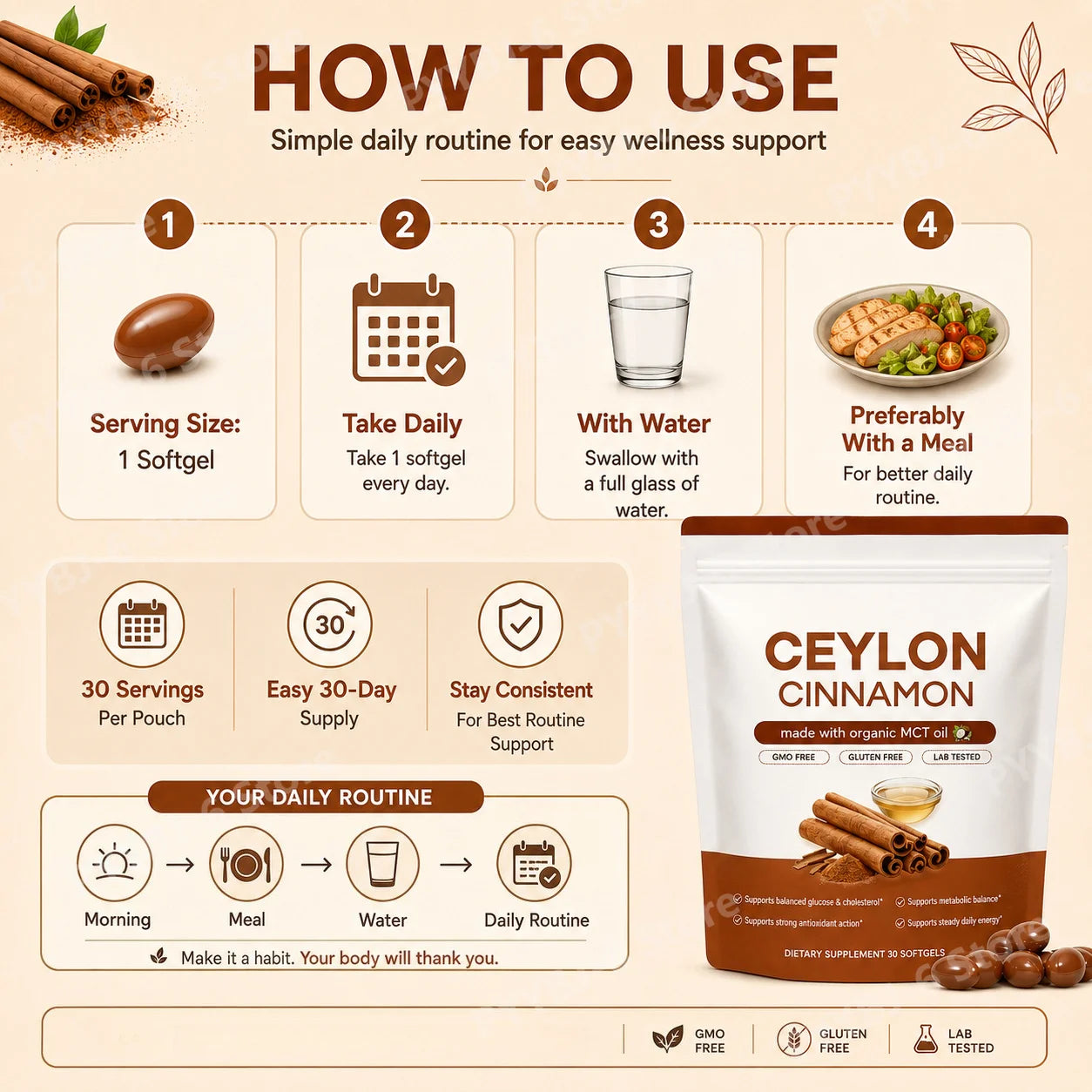 Ceylon Cinnamon Softgels with Organic MCT Oil, Supports Antioxidant Action and Digestive Wellness for Daily Energy - 30 Softgels