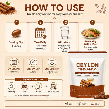 Ceylon Cinnamon Softgels with Organic MCT Oil, Supports Antioxidant Action and Digestive Wellness for Daily Energy - 30 Softgels
