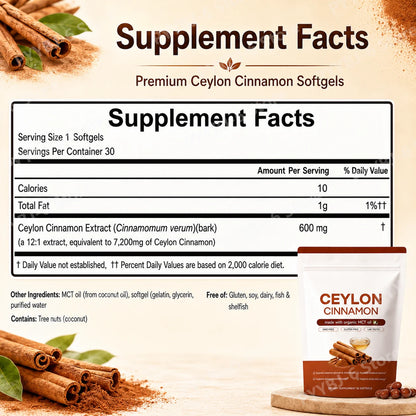 Ceylon Cinnamon Softgels with Organic MCT Oil, Supports Antioxidant Action and Digestive Wellness for Daily Energy - 30 Softgels