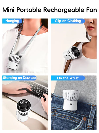 Mini Portable Rechargeable Fan 1000Mah Battery Type-C Neck Hanging Fan Desktop Clip on Clothing Waist Cooling Cold Air Fan