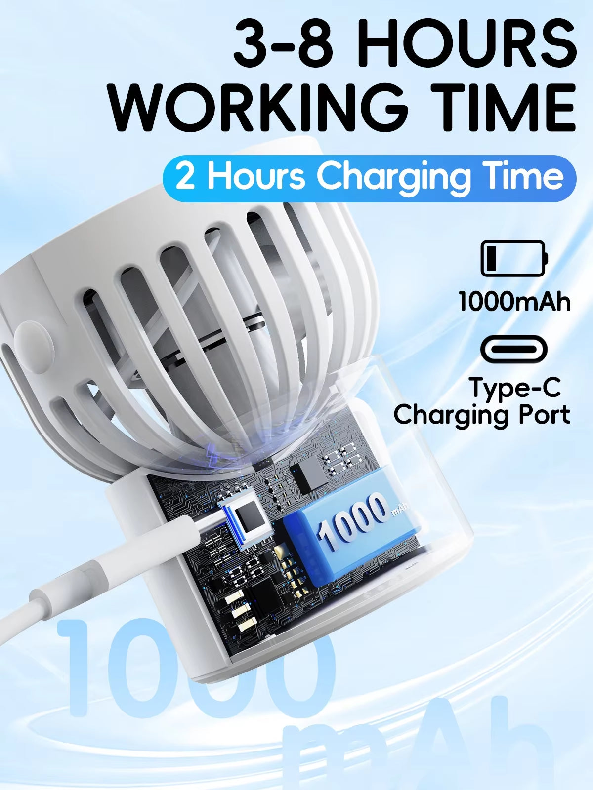 Mini Portable Rechargeable Fan 1000Mah Battery Type-C Neck Hanging Fan Desktop Clip on Clothing Waist Cooling Cold Air Fan