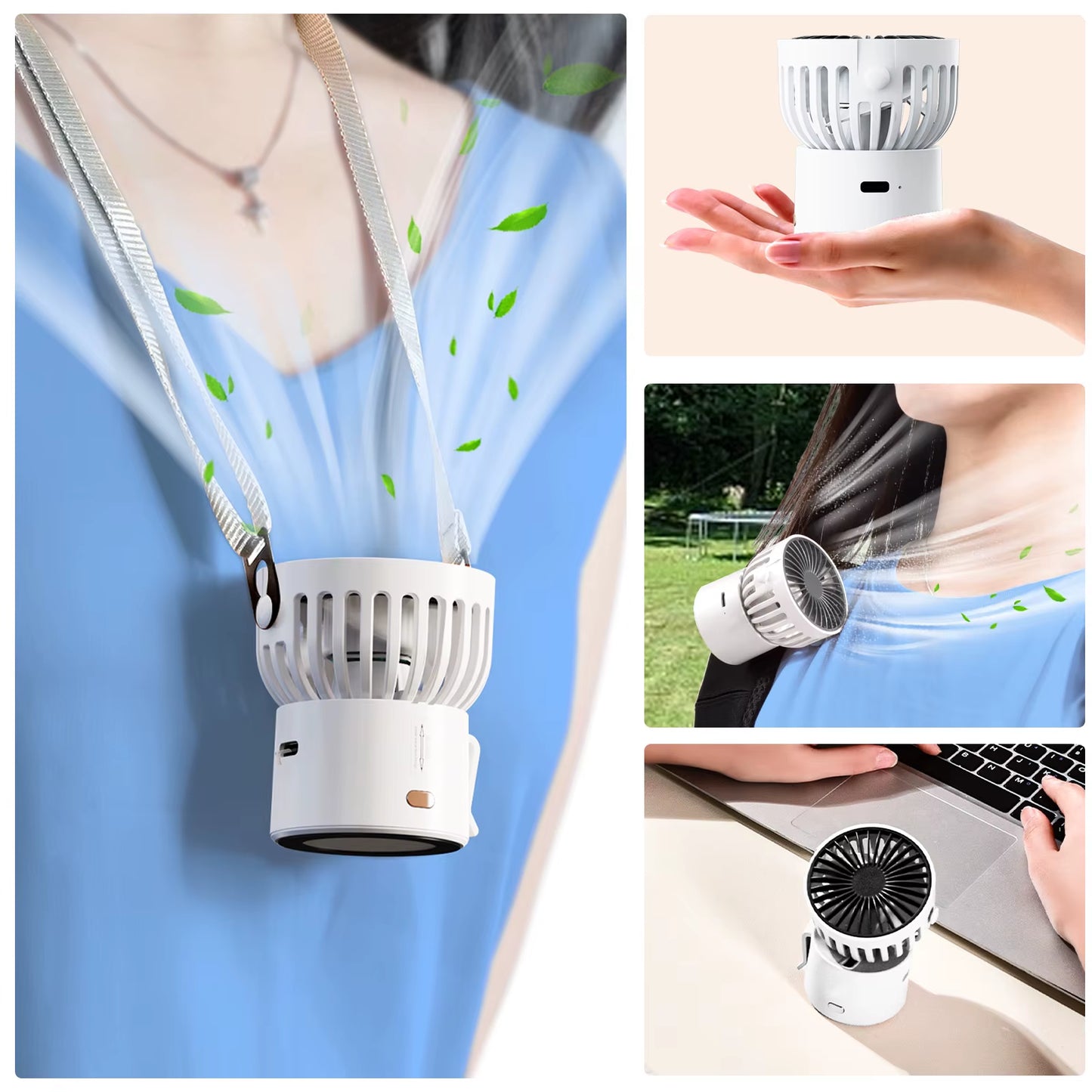 Mini Portable Rechargeable Fan 1000Mah Battery Type-C Neck Hanging Fan Desktop Clip on Clothing Waist Cooling Cold Air Fan